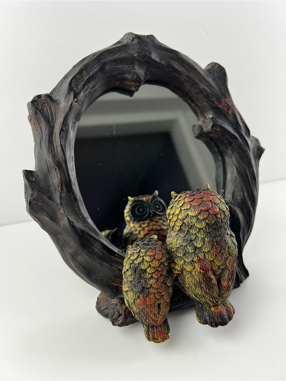Tabletop Heavy Resin Woodland Tree Owls w/ Reflections In Mirror Vintage 8”
